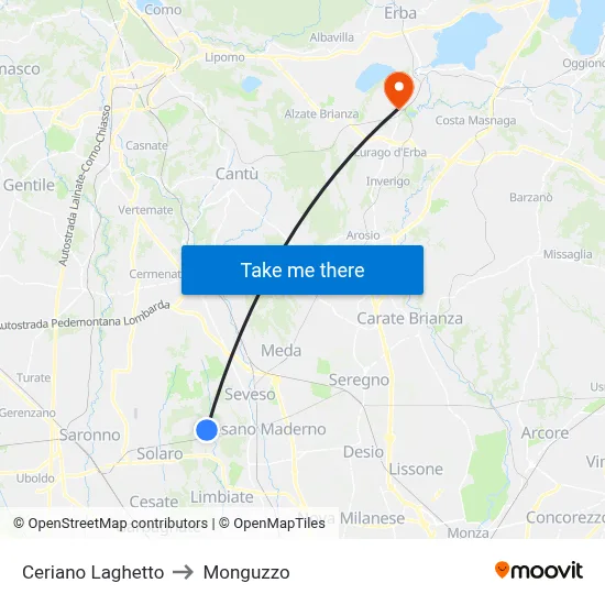 Ceriano Laghetto to Monguzzo map
