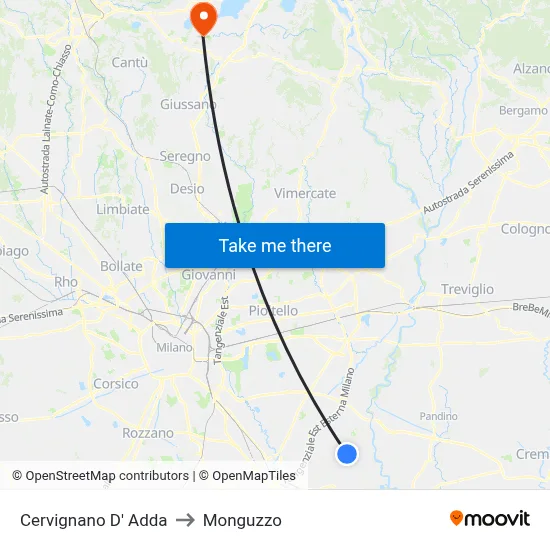 Cervignano d'Adda to Monguzzo map