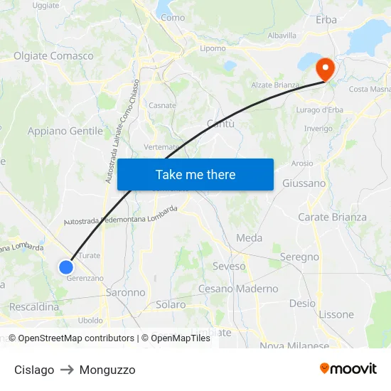 Cislago to Monguzzo map
