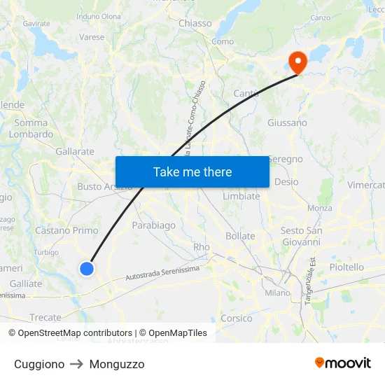 Cuggiono to Monguzzo map