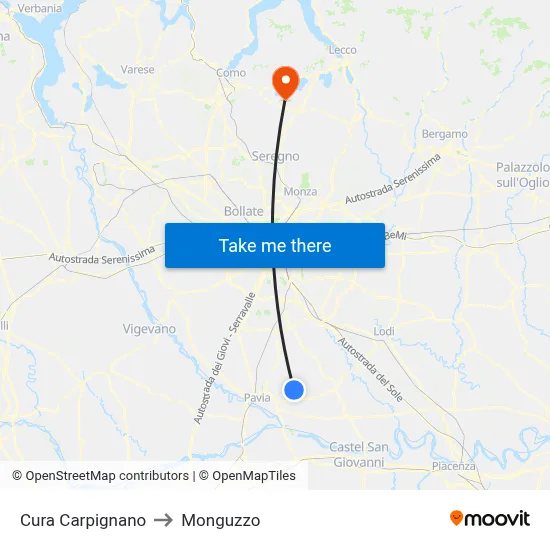 Cura Carpignano to Monguzzo map