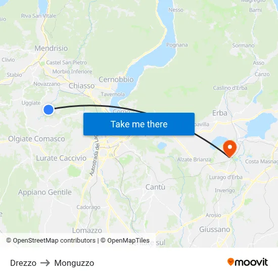 Drezzo to Monguzzo map