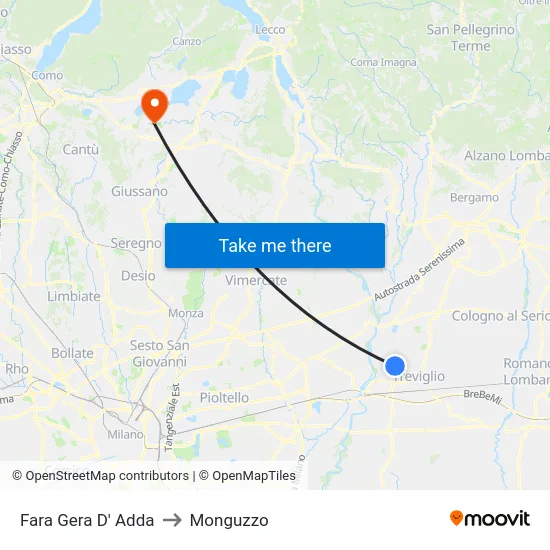 Fara Gera D' Adda to Monguzzo map
