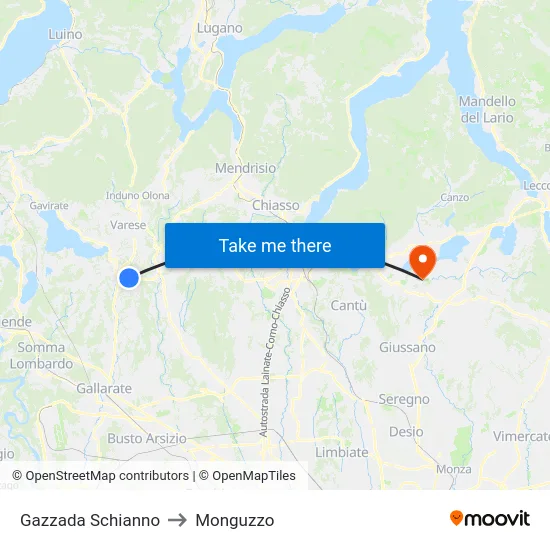 Gazzada Schianno to Monguzzo map