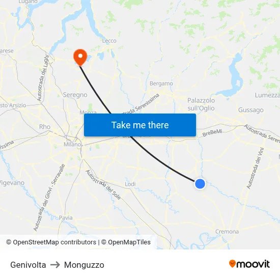 Genivolta to Monguzzo map