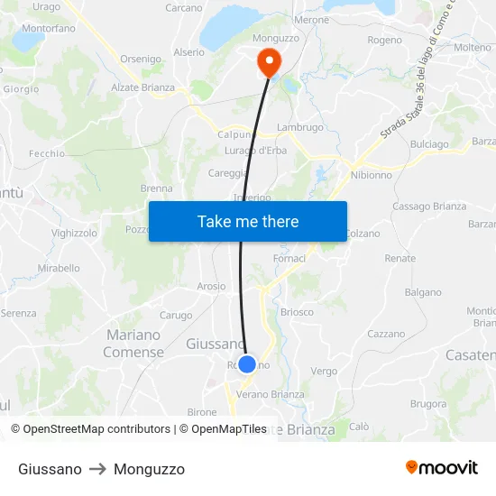 Giussano to Monguzzo map