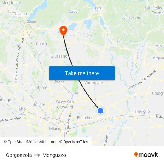 Gorgonzola to Monguzzo map