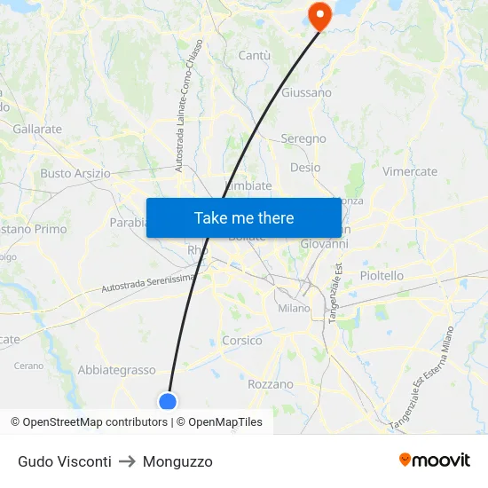 Gudo Visconti to Monguzzo map