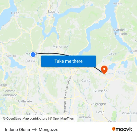 Induno Olona to Monguzzo map