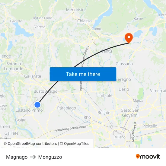 Magnago to Monguzzo map