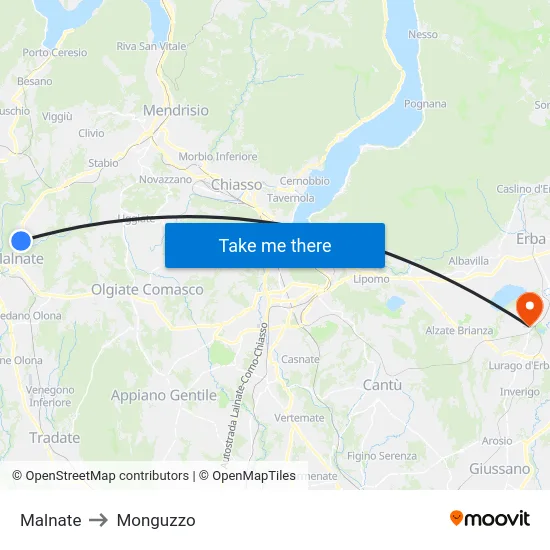 Malnate to Monguzzo map