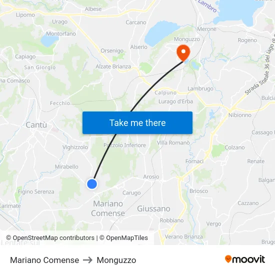 Mariano Comense to Monguzzo map