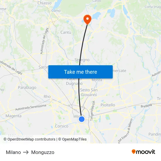 Milan to Monguzzo map