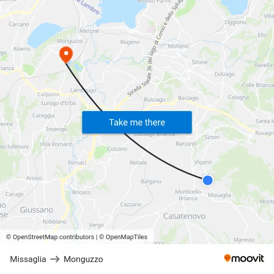 Missaglia to Monguzzo map