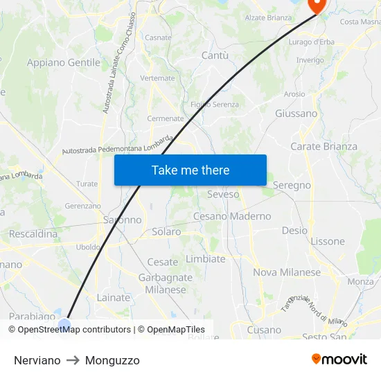 Nerviano to Monguzzo map