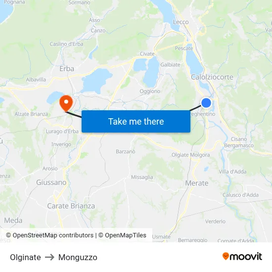 Olginate to Monguzzo map