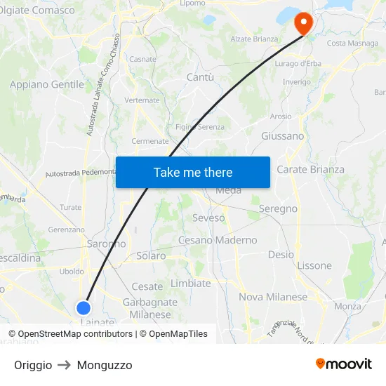 Origgio to Monguzzo map