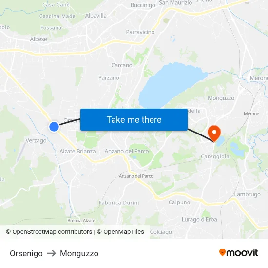 Orsenigo to Monguzzo map