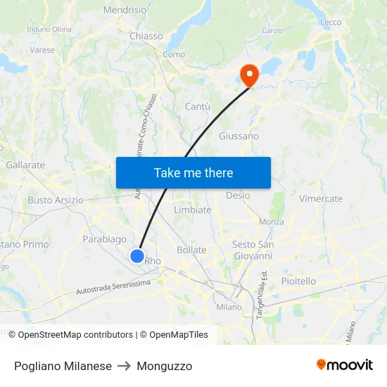 Pogliano Milanese to Monguzzo map