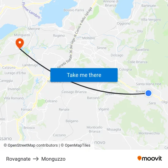 Rovagnate to Monguzzo map