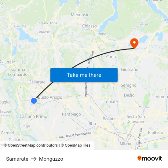 Samarate to Monguzzo map