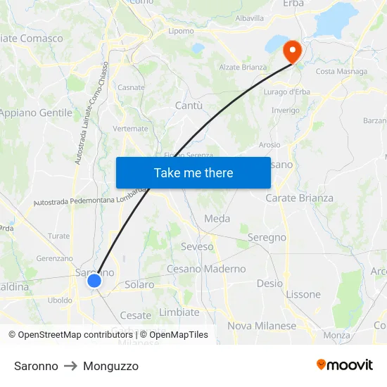 Saronno to Monguzzo map