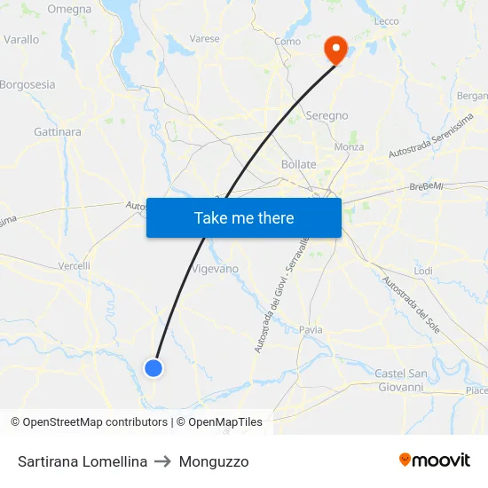 Sartirana Lomellina to Monguzzo map