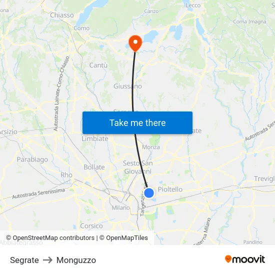 Segrate to Monguzzo map