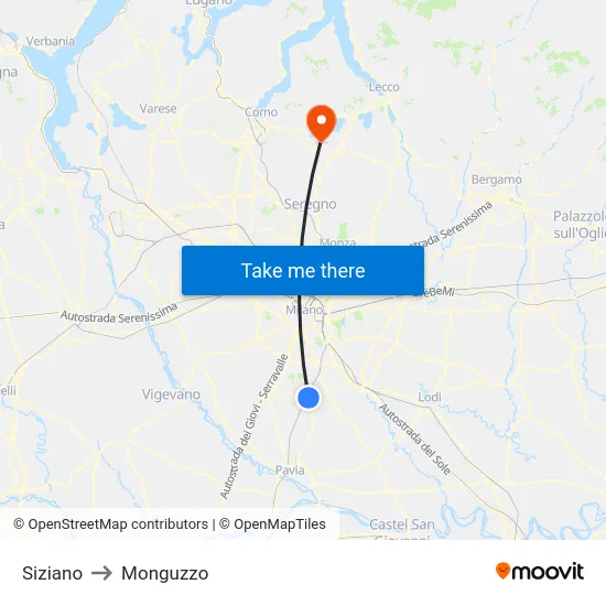Siziano to Monguzzo map