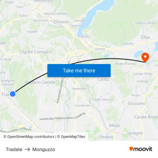 Tradate to Monguzzo map