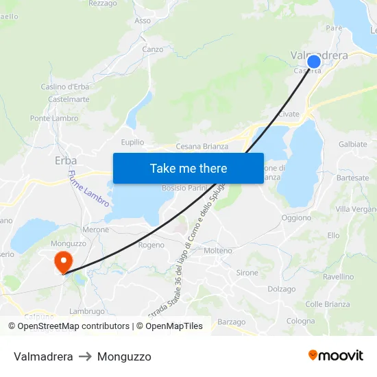 Valmadrera to Monguzzo map
