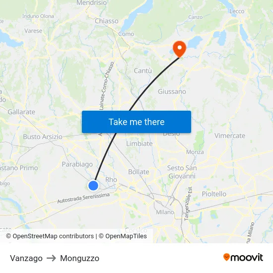 Vanzago to Monguzzo map
