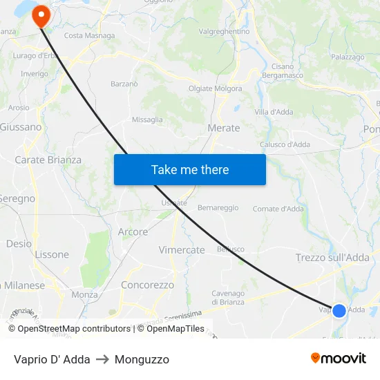 Vaprio D' Adda to Monguzzo map