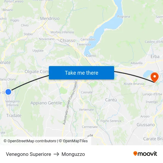 Venegono Superiore to Monguzzo map