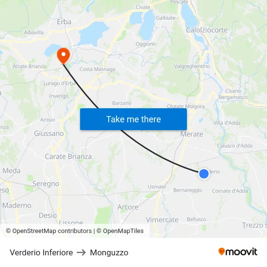 Lower Verderio to Monguzzo map