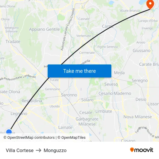 Villa Cortese to Monguzzo map