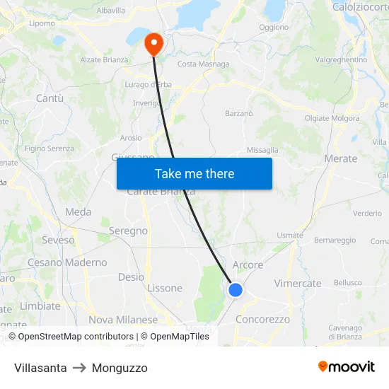 Villasanta to Monguzzo map