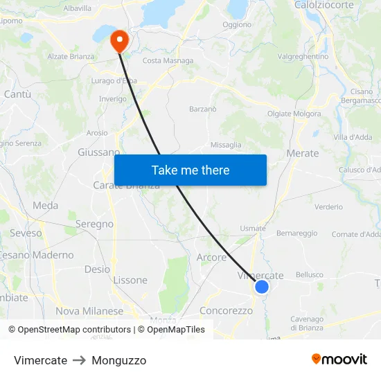 Vimercate to Monguzzo map