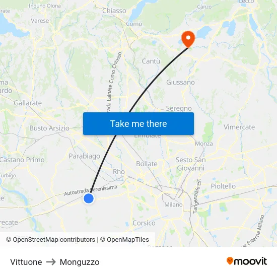 Vittuone to Monguzzo map