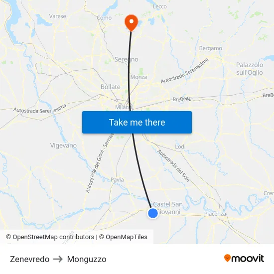 Zenevredo to Monguzzo map