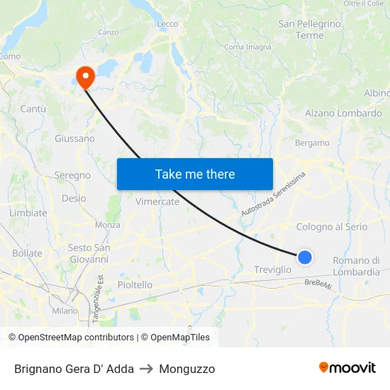Brignano Gera D' Adda to Monguzzo map