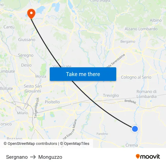 Sergnano to Monguzzo map