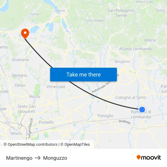 Martinengo to Monguzzo map