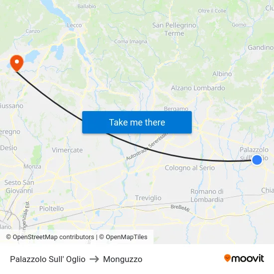 Palazzolo Sull' Oglio to Monguzzo map