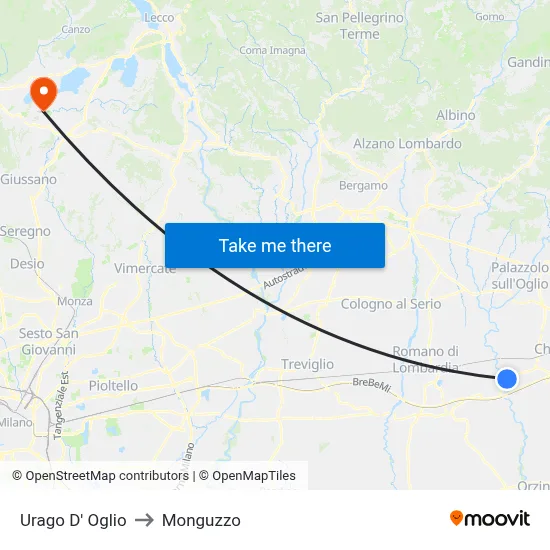 Urago D' Oglio to Monguzzo map