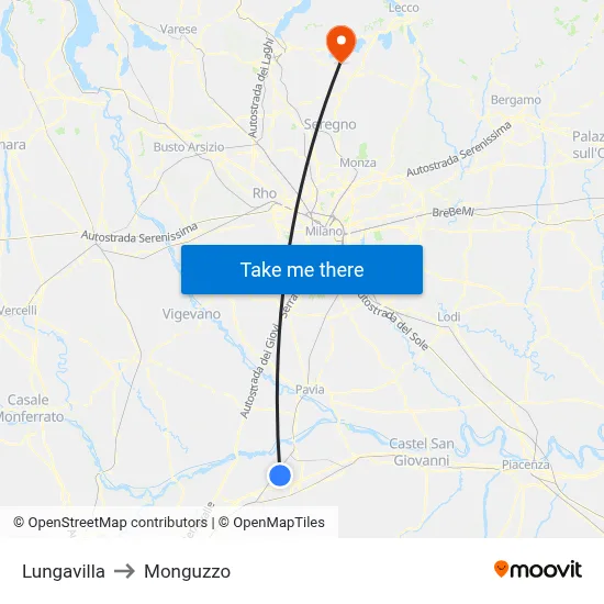 Lungavilla to Monguzzo map