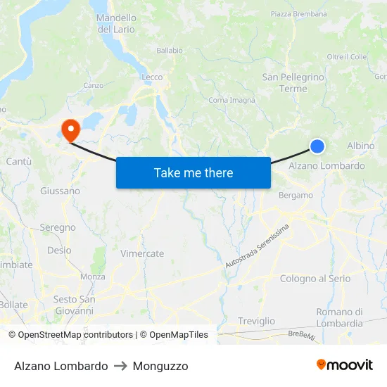 Alzano Lombardo to Monguzzo map