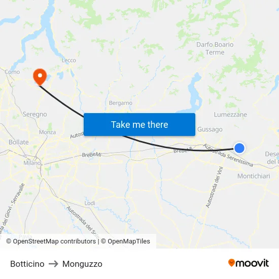 Botticino to Monguzzo map