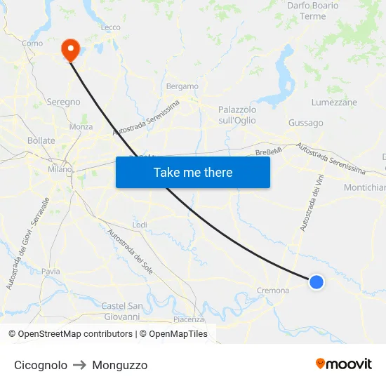 Cicognolo to Monguzzo map