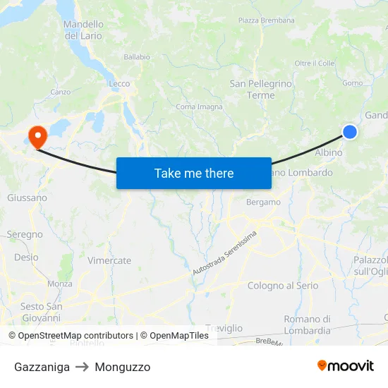 Gazzaniga to Monguzzo map
